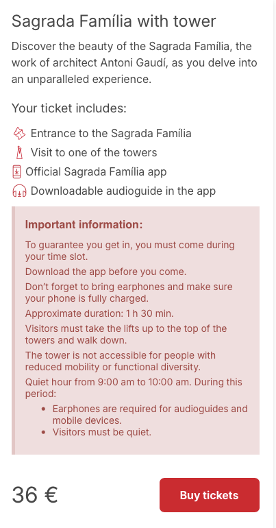 Sagrada Família with tower（36€）の詳細ページ。チケットに含まれるものと注意事項が表示されている