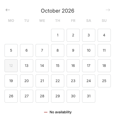 サグラダファミリアの予約カレンダー。2026年10月が表示され、12日がグレーアウトされている