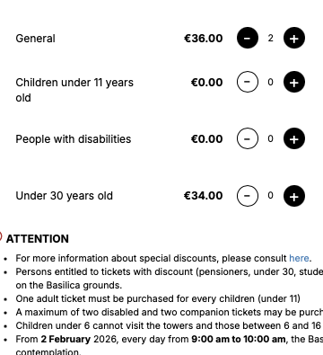 サグラダファミリア予約画面の人数選択。General 36€、Children under 11 years old 0€、People with disabilities 0€、Under 30 years old 34€ の区分と枚数ボタン