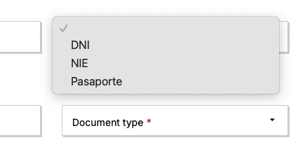 Document type のプルダウン。DNI・NIE・Pasaporte の3つが表示されている