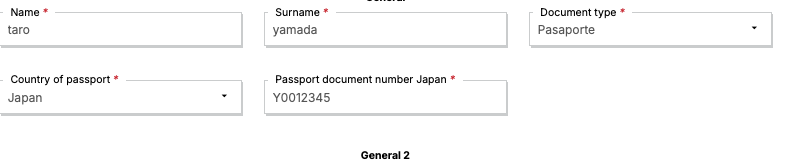 氏名・Pasaporte・Country of passport（Japan）・パスポート番号を入力した画面の例