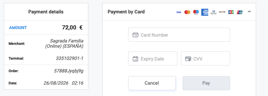 Comercia Global Payments の決済画面。カード番号・有効期限・CVVの入力欄