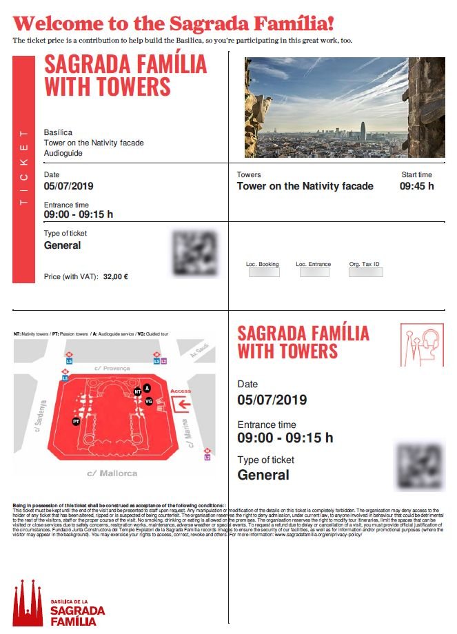 2019年7月に公式サイトで購入したサグラダファミリアの塔付きチケット。SAGRADA FAMÍLIA WITH TOWERS、生誕のファサードの塔、入場時刻09:00-09:15、塔の開始時刻09:45、料金32€