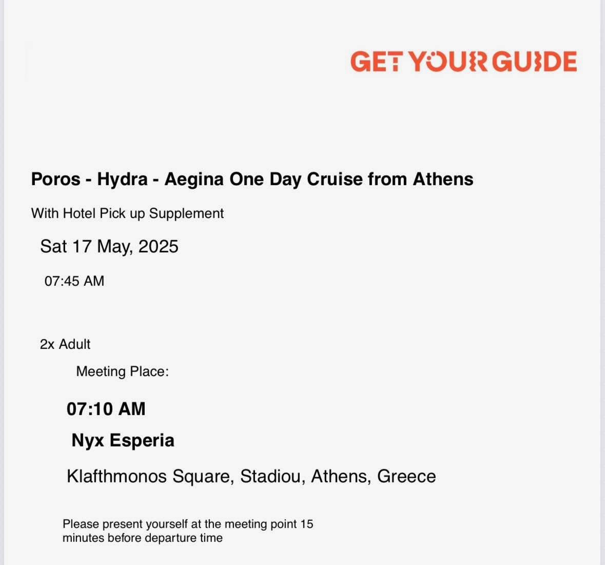 GetYourGuideの予約バウチャーに記載された集合場所