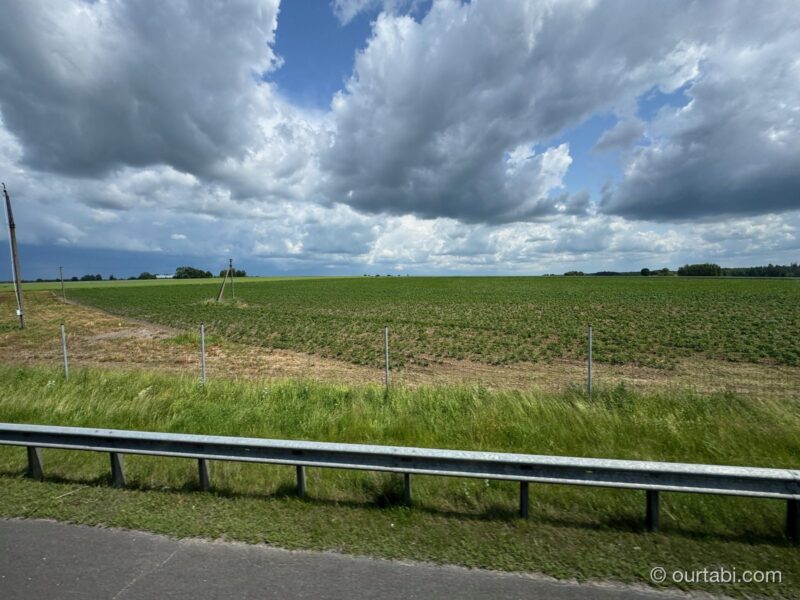 バスの車窓から見た、一面の畑と大きな雲