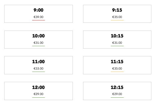 カサ・ミラ公式サイトの時間選択画面。9時が€39、12時が€29と時間帯で金額が違う