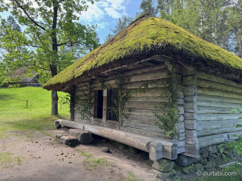 苔むした屋根の小さな丸太小屋