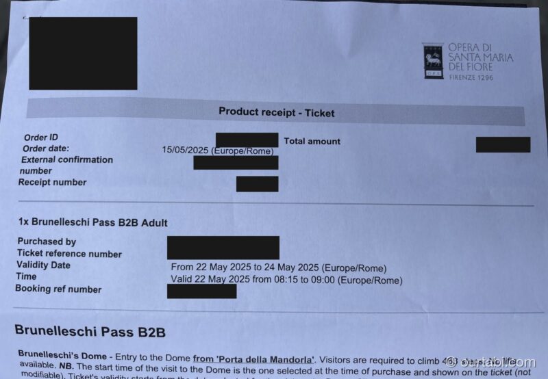 紙のチケット。Brunelleschi Pass B2B Adultと、5月22日 8:15から9:00の有効時間が印字されている